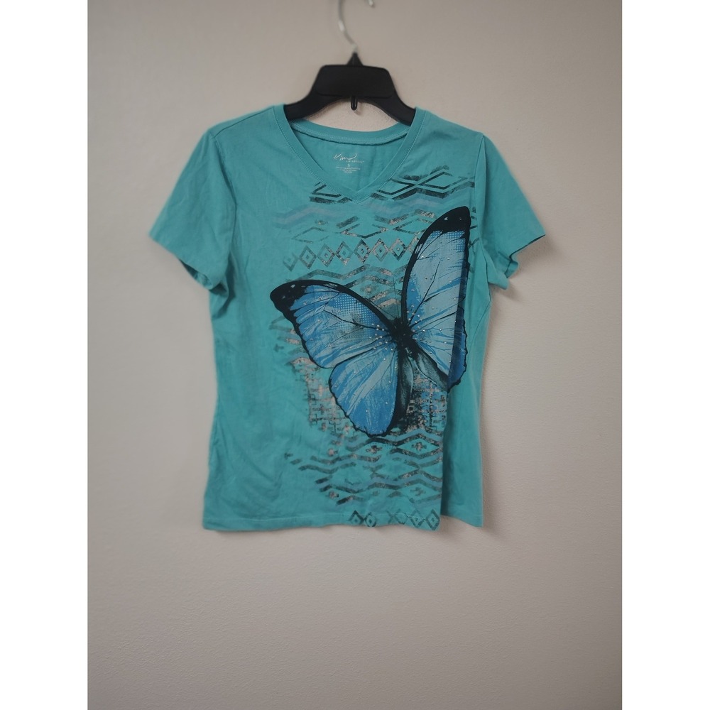 Kim Rogers Womens Teal Blue Butterfly Graphic V-Neck Short Sleeve T-Shirt Small